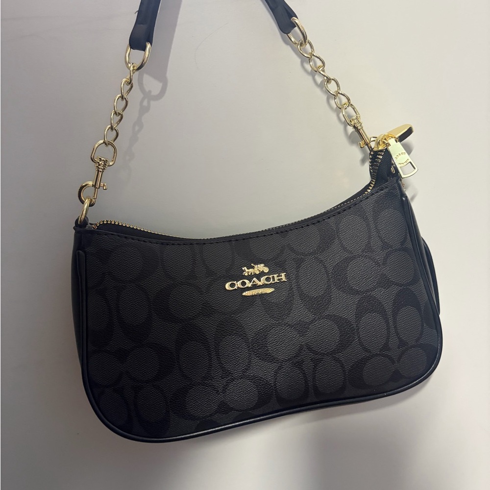 Coach Black Signature Canvas Shoulder Bag with Gold Hardware
